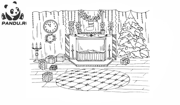 Раскраска Зима. Уютная комната, украшенная на Рождество