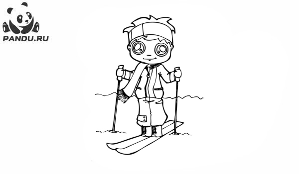 Раскраска Зима. Мальчик катается на лыжах