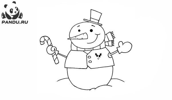 Раскраска Зима. Снеговик с карамельной тростью