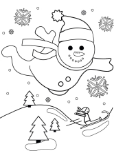 Снеговик прыгает в большой снежный сугроб