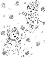 Мальчик и снеговик радуются первому снегу