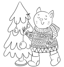 Кот в зимней одежде украшает елку