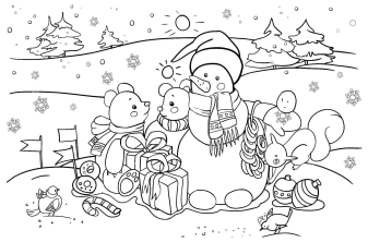 Животные и снеговик в зимнем лесу