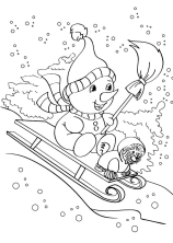 Снеговик с щенком катаются с горки на санях
