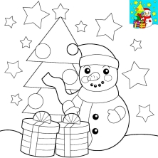 Раскраска снеговик, подарки и елка