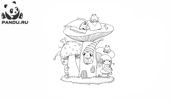 Раскраска Грибы. Сказочные грибы и гномы