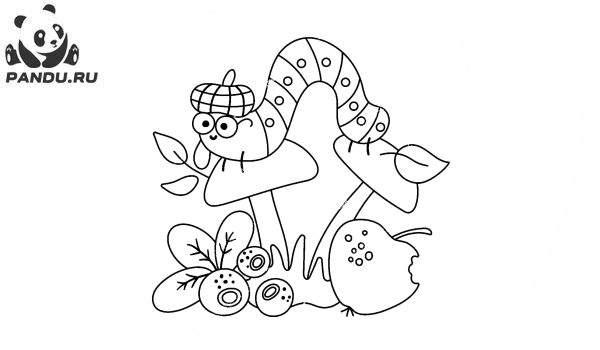 Раскраска Грибы. Червяк, грибы, яблоко, ягоды