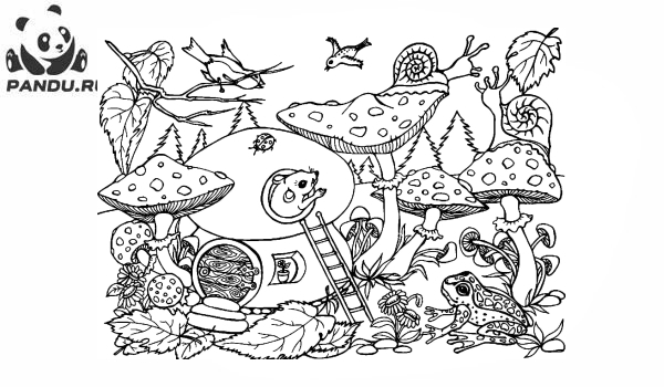 Раскраска Грибы. Сказочный лес с грибами и зверюшками