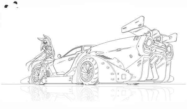 Раскраска Машинки. Девушка с ушками и гоночная машина