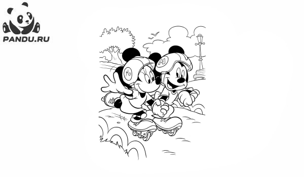 Раскраска Микки Маус и его друзья. Микки Маус и Минни катаются на роликах