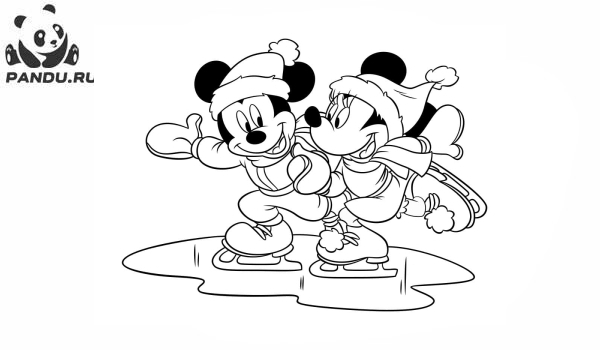 Раскраска Микки Маус и его друзья. Микки Маус и Минни катаются на льду