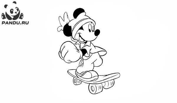 Раскраска Микки Маус и его друзья. Микки Маус катается на скейтборде