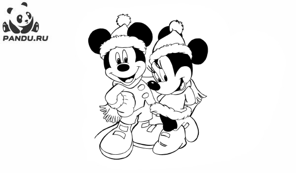 Раскраска Микки Маус и его друзья. Микки и Минни Маус с зимней одежде