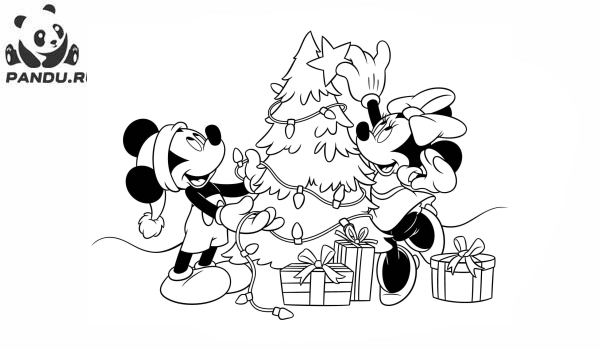 Раскраска Микки Маус и его друзья. Микки Маус и Минни украшают елку
