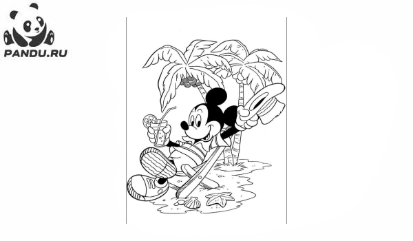 Раскраска Микки Маус и его друзья. Микки Маус на пляже возле пальм