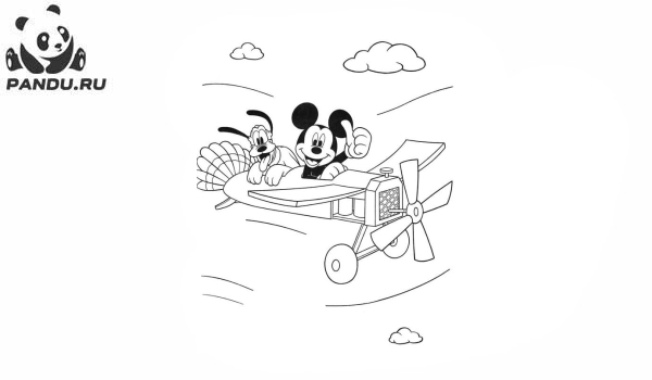 Раскраска Микки Маус и его друзья. Микки Маус и Плуто на вертолете