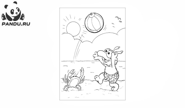 Раскраска Мини-Маппеты. Малыш Гонзо играет с крабом на пляже