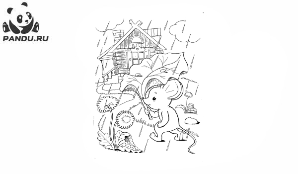 Раскраска Осень. Мышонок прячется от дождя