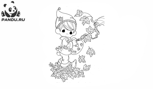 Раскраска Осень. Мальчик раскрашивает листья