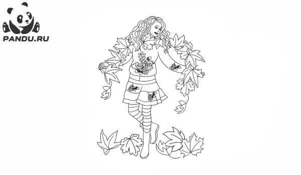 Раскраска Осень. Девочка сделала шарф из листьев