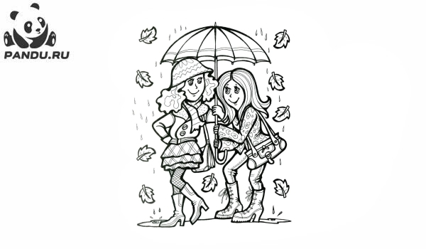 Раскраска Осень. Девочки не хотят промокнуть и спрятались под зонт.