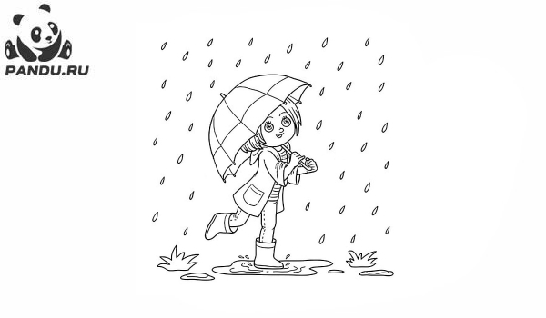Раскраска Осень. Девочка прячется от дождя под зонтом.