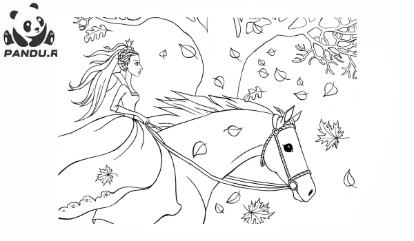 Раскраска Осень. Принцесса Осень скачет верхом на лошади.