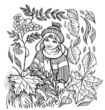Девочка собирает листья