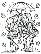 Девочки не хотят промокнуть и спрятались под зонт.