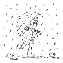 Девочка прячется от дождя под зонтом.