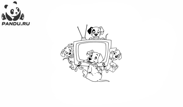 Раскраска 101 далматинец. Щенки смотрят телевизор
