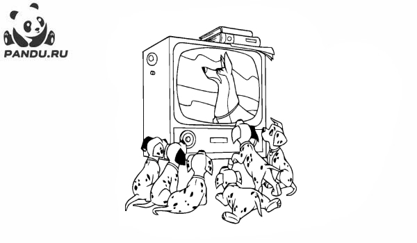 Раскраска 101 далматинец. Далматинцы смотрят телевизор