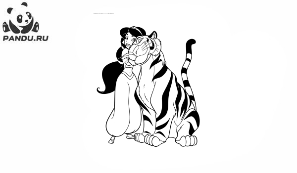 Раскраска Аладдин. Принцесса Жасмин и тигр Раджа