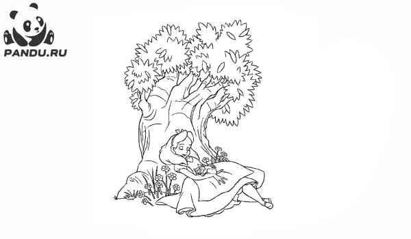 Раскраска Алиса в Стране чудес. Алиса спит под деревом